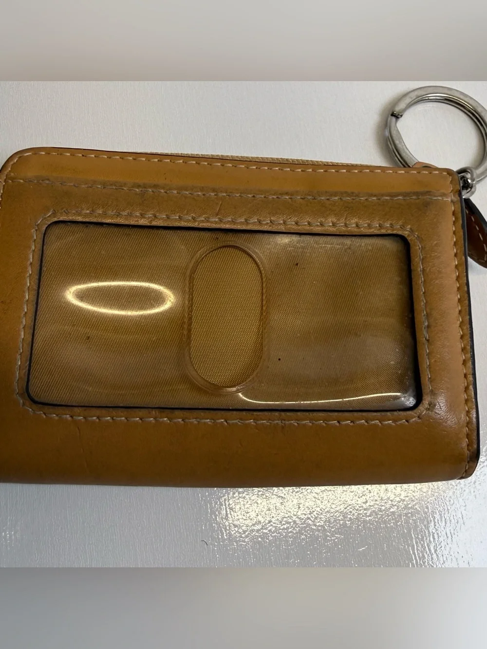 Lodis Cream Tan Teal Leather Mini Wallet Credit Card Holder Key Ring Zip Around